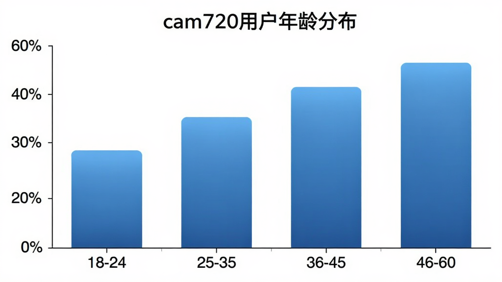 一张展示cam720用户年龄分布的柱状图,横轴为年龄段18-24、25-35、36-45、46-60,纵轴为用户占比百分比,柱状图颜色为蓝色渐变,图表标题为cam720用户年龄分布,背景为白色,风格简洁商务,画质干净无多余元素