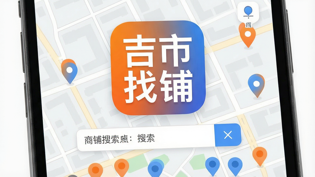 一张手机应用界面展示图,画面中央是“吉市找铺”四个大字的App图标,图标下方是简洁的商铺搜索框和地图底图,地图上散布着多个橙色和蓝色的定位标记点,背景是浅灰色的城市街区线条,整体风格现代扁平,布局清晰,文字使用无衬线字体,画质干净明亮,无多余装饰元素