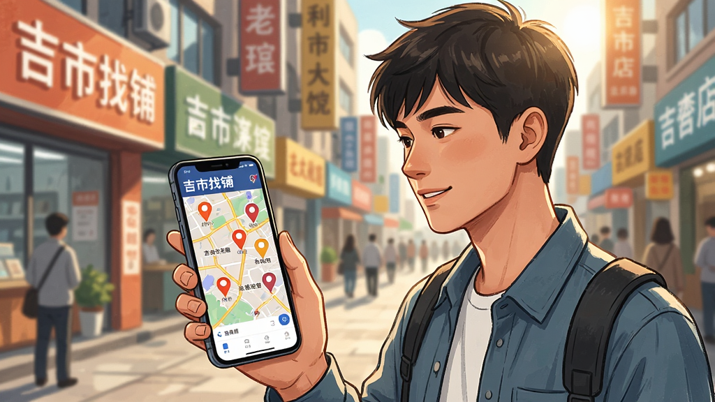 一位年轻创业者站在城市街边,手里拿着手机查看“吉市找铺”App上的地图界面,手机屏幕显示周边多个商铺标记点,背景是繁华的商业街和店铺招牌,阳光明亮,画面风格写实略带插画感,构图以人物和手机屏幕为视觉中心,细节清晰,画质干净,无多余人物干扰