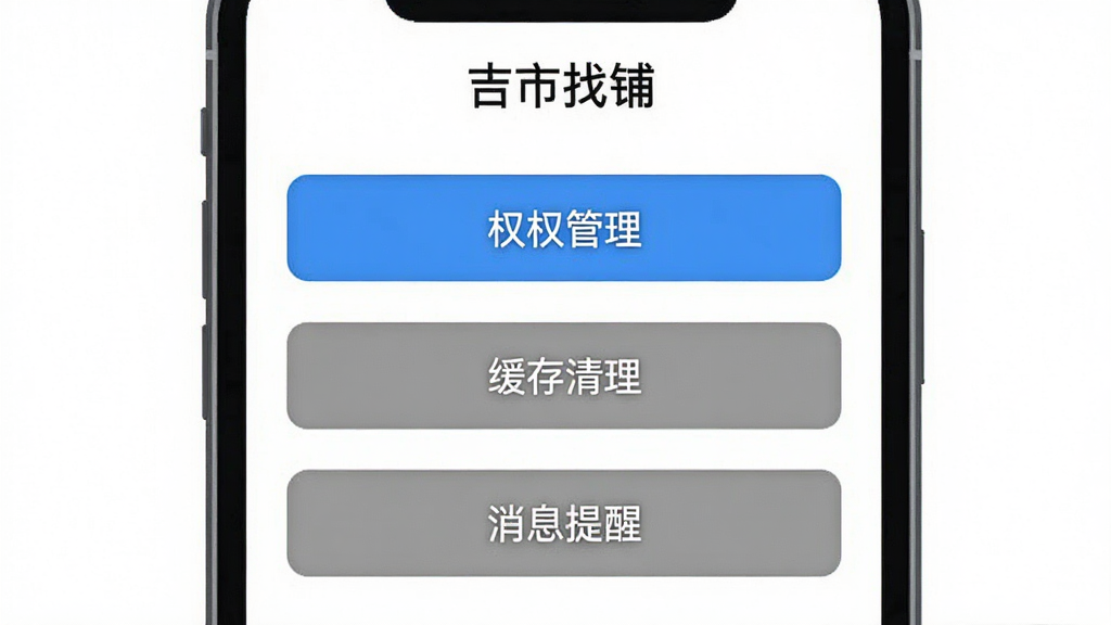 一张手机屏幕截图风格的插图,画面显示“吉市找铺”App的设置页面,页面上有权限管理、缓存清理、消息提醒三个选项按钮,按钮用蓝色和灰色区分,背景是干净的白色,布局整齐,文字清晰,画质干净,无多余元素
