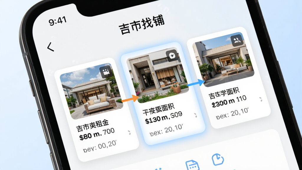 手机屏幕特写,显示“吉市找铺”App的收藏对比界面,屏幕上并列展示三个商铺卡片,分别标注不同租金和面积数据,卡片之间有对比高亮线条,背景是干净的白色和浅蓝色,风格简洁现代,文字清晰可读,画质干净无多余元素