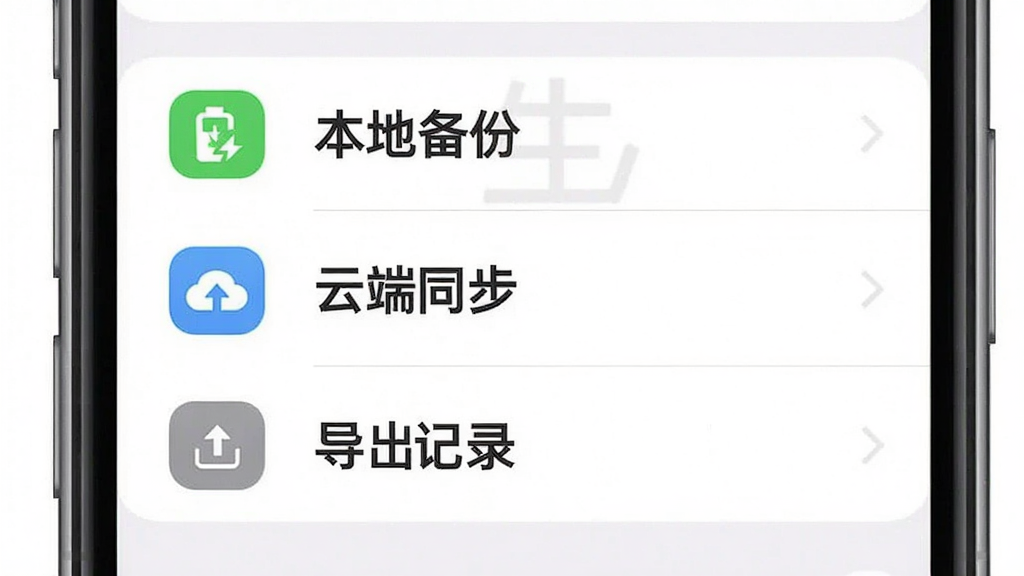 一张浮生记app数据备份设置界面的图片,手机屏幕显示设置菜单,菜单项包括“本地备份”、“云端同步”、“导出记录”等选项,每个选项左侧有对应的图标,屏幕背景为纯白色,菜单文字清晰,风格极简商务,画质干净无多余元素