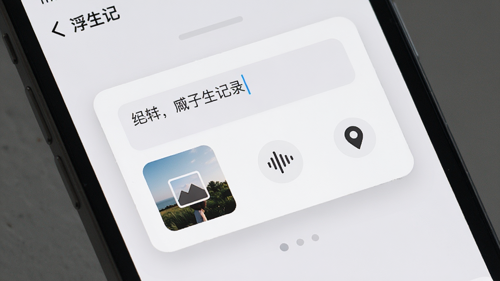 一张浮生记app记录界面的特写图,画面主体是手机屏幕,屏幕上显示一条正在编辑的记录卡片,卡片内有文字输入框、图片缩略图、语音波形图标和定位图标,屏幕背景是淡雅的浅灰色,卡片边缘有圆角阴影,风格现代简洁,画质清晰干净无多余元素