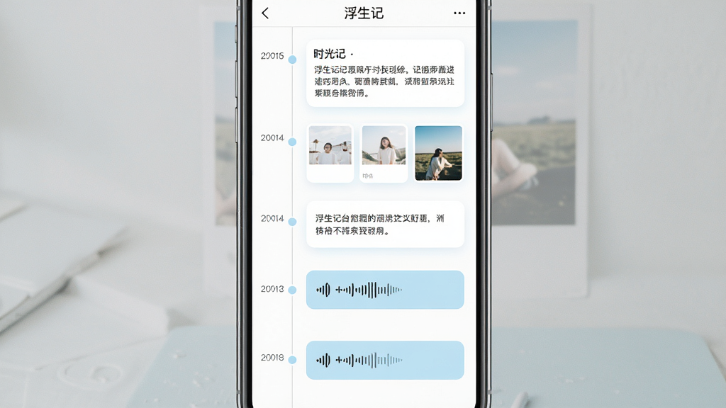 一张展示浮生记app时光轴界面的图片,手机屏幕竖屏显示,屏幕中是一条纵向的时间轴,时间轴上分布着不同日期的记录卡片,有的卡片是文字,有的卡片是照片缩略图,有的卡片是语音条,卡片颜色以白色和浅蓝色为主,时间轴左侧有日期标记圆点,整体布局清晰有条理,风格清新文艺,画质干净无多余元素