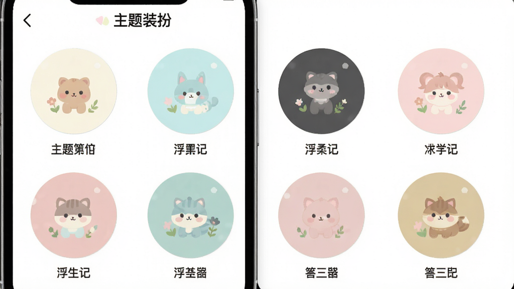 一张浮生记app主题设置界面的图片,手机屏幕显示主题选择页面,页面上排列着多个圆形主题预览图标,有米白色、淡青色、深灰色、浅粉色等不同配色方案,每个图标下方有主题名称,屏幕上方有页面标题“主题装扮”,整体布局整齐,风格清新可爱,画质干净无多余元素