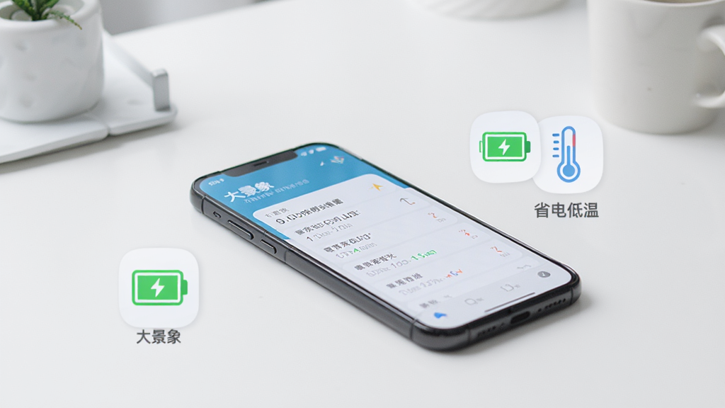 一部手机放在桌面上,屏幕显示“大景象”应用的存储占用信息,旁边有电池图标和温度计图标示意省电低温,背景是简洁的桌面环境,风格清爽,画质干净