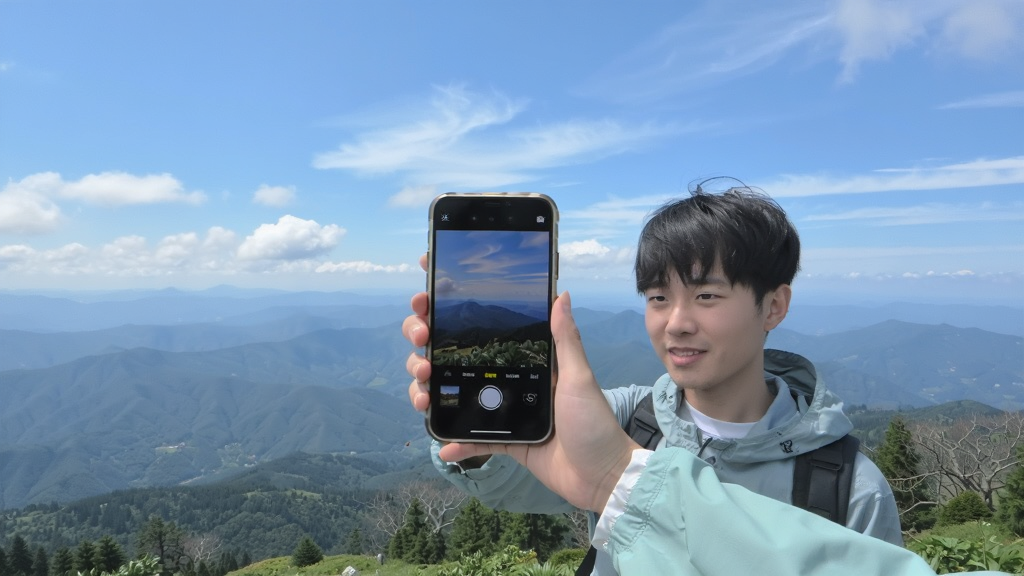 一位年轻人站在山顶举着手机拍摄全景照片,手机屏幕显示“大景象”应用的拍摄界面,背景是连绵的山脉和蓝天白云,画面风格清新自然,构图开阔,画质干净