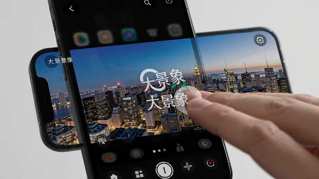 手机屏幕显示一张城市夜景全景图,画面中有“大景象”的logo水印,用户手指正在滑动查看全景细节,界面布局清晰,暗色背景凸显照片色彩,风格现代简洁,画质细腻