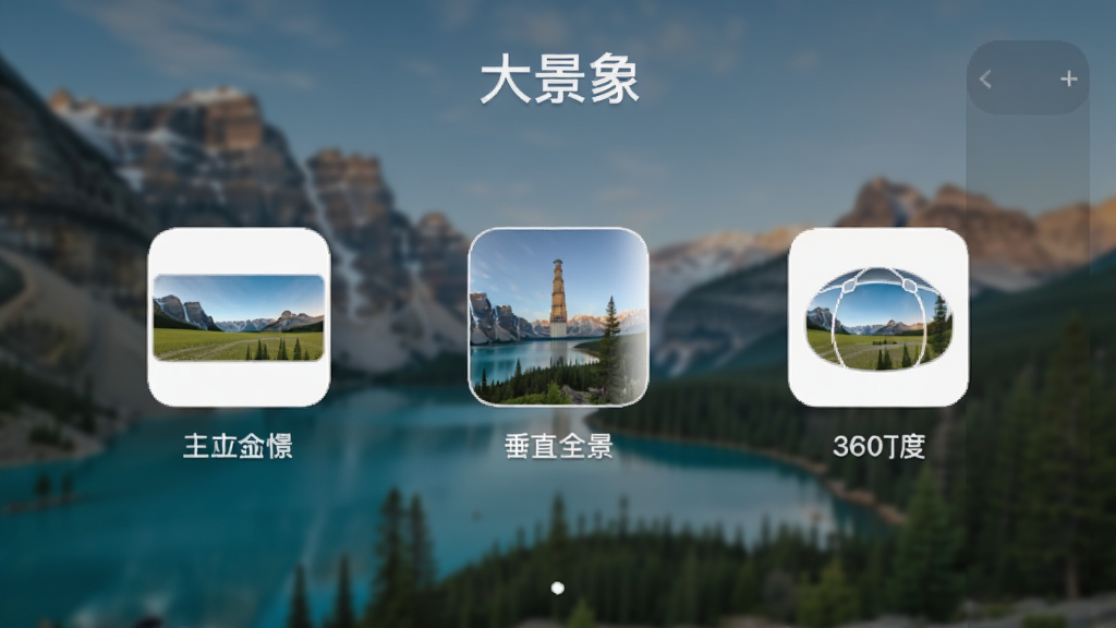 一张展示“大景象”应用内三种拍摄模式选择界面的图片,分别是水平全景、垂直全景和360度全景的图标,背景是模糊的风景照片,整体排版整齐,风格统一,画质干净无多余元素
