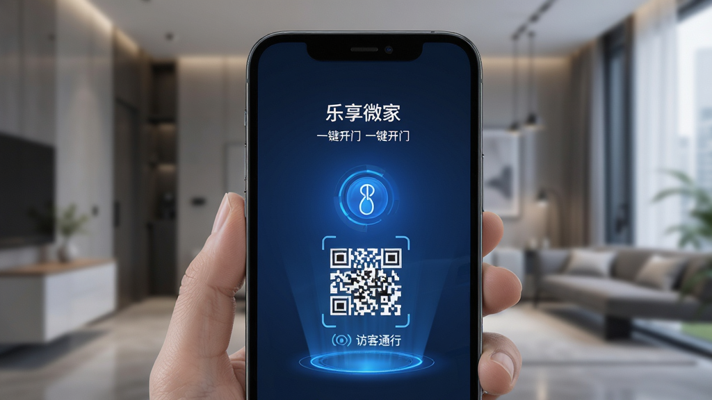 乐享微家 一键开门 功能界面 手机屏幕 显示 蓝牙开门 访客通行 二维码 现代科技感 蓝色光效 简洁排版 画质干净