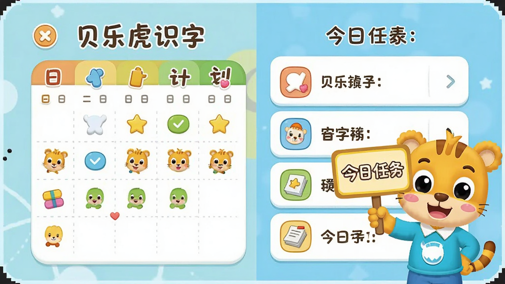 贝乐虎识字每日学习计划界面,画面左边是日历打卡记录,右边是今日任务列表,贝乐虎站在任务栏旁边举着“今日任务”的牌子,布局是左右分栏的平板适配界面,风格是清新明亮的儿童教育类UI,细节包括圆角卡片和彩色小图标,画质干净整洁,文字“贝乐虎识字”清晰可见,无多余元素