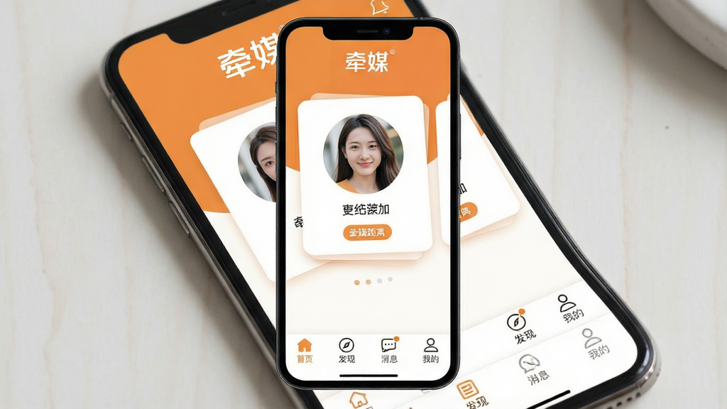 一张手机屏幕展示牵媒应用主界面,界面以暖橙色和白色为主色调,顶部显示“牵媒”logo,中间是用户卡片展示区,卡片上有真人头像和距离标签,底部导航栏有“首页”“发现”“消息”“我的”四个图标,整体风格温馨简洁,画质干净,无多余元素