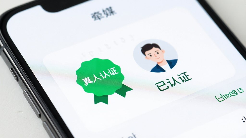 手机屏幕特写,展示牵媒的实名认证页面,页面上有“真人认证”绿色徽章图标,旁边是用户头像和“已认证”字样,背景是简洁的白色卡片设计,画面风格干净现代,画质清晰,无多余装饰