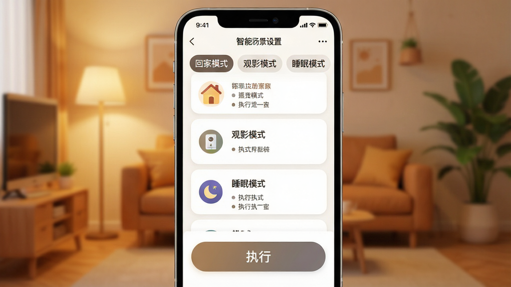 一张展示超级智慧家App智能场景设置界面的图片,手机屏幕显示场景编辑页面,有“回家模式”“观影模式”“睡眠模式”等选项卡,每个模式旁边有对应的设备图标和执行动作列表。屏幕下方有一个大大的“执行”按钮。背景是温馨的家居环境虚化图。风格现代扁平,色调温暖,细节圆润,画质清晰,无多余元素。
