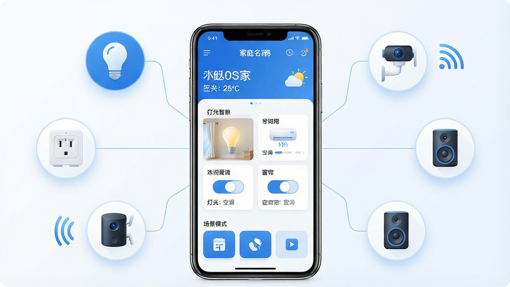 一张展示超级智慧家App核心界面的图片,画面中央是手机屏幕,屏幕内显示超级智慧家App的首页,布局简洁,顶部是家庭名称和天气信息,中间是常用设备卡片如灯光、空调、窗帘的快捷开关,底部是场景模式按钮。手机周围漂浮着各种智能设备图标,如灯泡、插座、摄像头、音箱,用细线连接到手机,象征统一控制。风格现代科技感,色调以蓝白为主,细节干净,画质清晰,无多余元素。