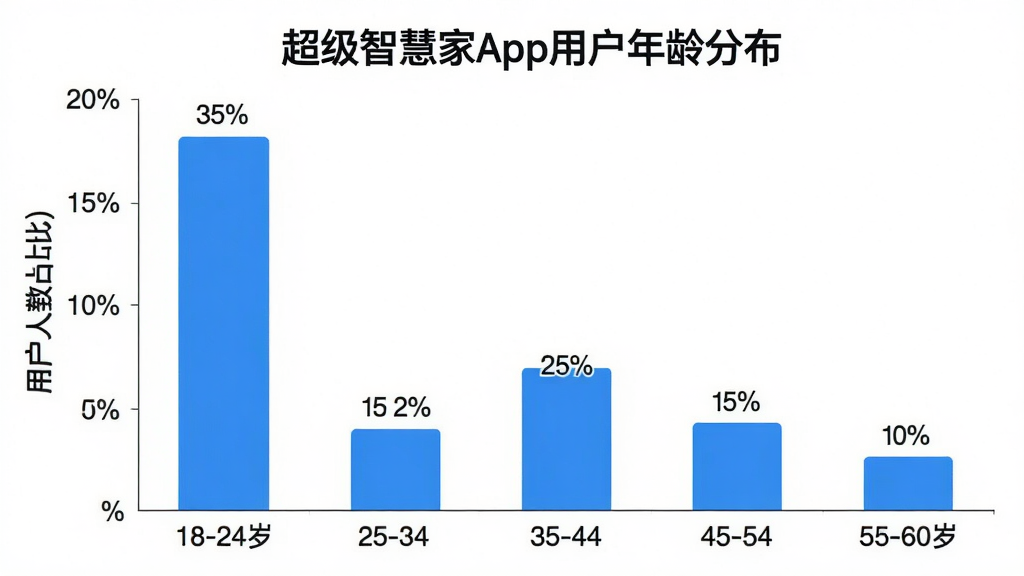 一张展示超级智慧家App用户年龄分布的柱状图图片,横轴为年龄段18-24岁、25-34岁、35-44岁、45-54岁、55-60岁,纵轴为用户人数占比百分比。柱状图显示25-34岁占比最高约35%,35-44岁约25%,18-24岁约15%,45-54岁约15%,55-60岁约10%。图表风格简洁现代,蓝白配色,数据标签清晰,画质干净,无多余元素。