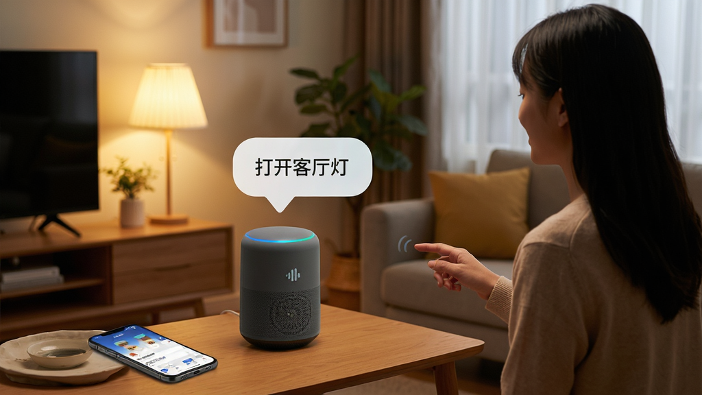 一张展示用户通过语音助手控制超级智慧家设备的图片,画面中一个人站在客厅里对着智能音箱说话,音箱上方有一个对话气泡显示“打开客厅灯”,背景中客厅灯亮起,手机放在桌上显示超级智慧家App界面。风格生活化,色调温馨,细节自然,画质清晰,无多余元素。