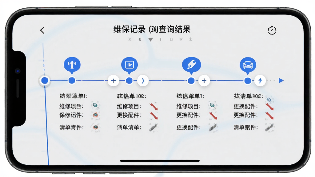 查车车 维保记录查询结果页 手机屏幕显示时间轴样式的保养记录 每次保养节点有图标标记 下方显示维修项目和更换配件清单 浅灰色背景 蓝色强调色 排版清晰 画质干净 无多余元素