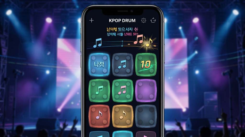 һ��չ��KPOP Drum�������Ľ����ͼƬ���������ֻ���Ļ��ʾ��ɫ�����޵Ĵ������棬�����к��ĺ�Ӣ�ĵ���Ŀ���ƣ��������ſ����̨�ƹ�Ч��������Ϊ�ֻ�����չʾ���Ű���У����Ϊ�ִ������Ƽ��У�ϸ�ڰ�������Ĵ���桢����������ͼ��Ͷ�̬���������֣������������ɾ����޶���Ԫ�ء�