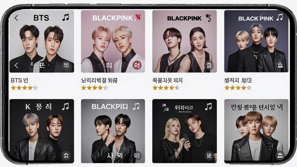 һ��KPOP Drum��������ͼƬ���������ֻ���Ļ�������Ŷ��K-POP��ϵ�ר�����棬����BTS��BLACKPINK�ȣ�����Ϊ����״���Ű����룬���Ϊ�������ְ񵥷��ϸ�ڰ���ר�������ϵĺ��ı�����Ѷ��Ǽ���ʶ�������������ɾ����޶���Ԫ�ء�
