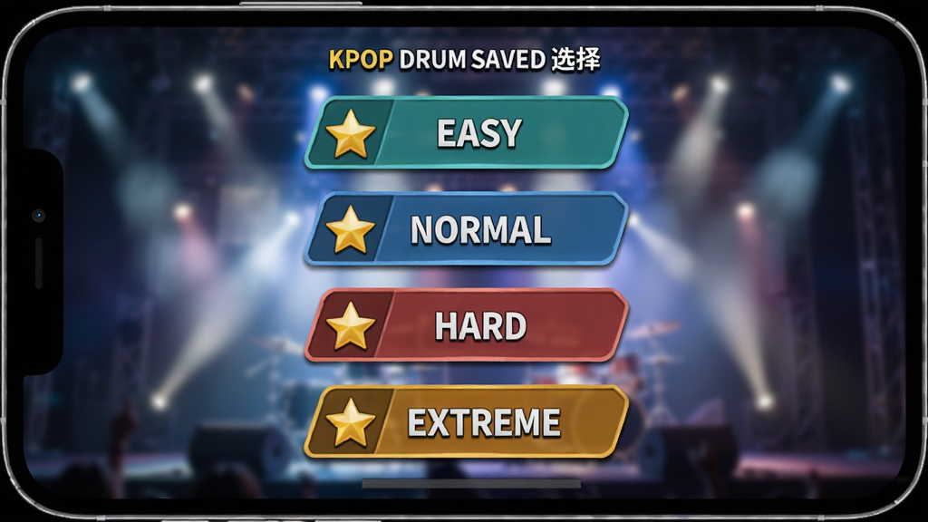 һ��KPOP Drum�Ѷ�ѡ������ͼƬ���������ֻ���Ļ������ʾ���ĸ���ͬ��ɫ���ѶȰ�ť���ֱ�ΪEASY��NORMAL��HARD��EXTREME������Ϊ�������У��Ű����������Ϊ��ϷUI��Ʒ��ϸ�ڰ�����ť�ϵ��Ǽ�ͼ��ͱ�����ģ������̨�ƹ⣬�����������ɾ����޶���Ԫ�ء�