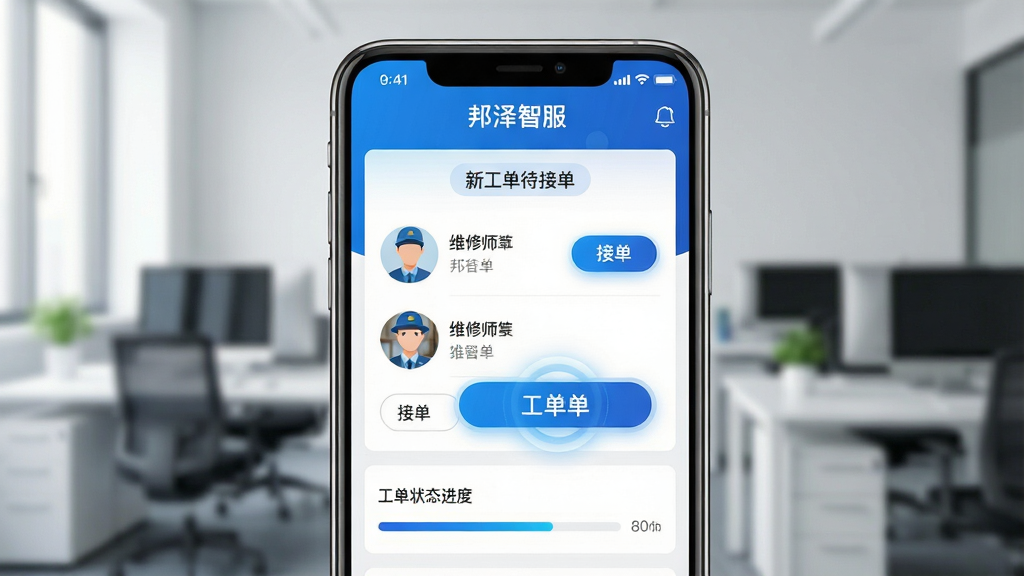 一张展示邦泽智服智能工单派发功能的图片,主体是手机屏幕特写,屏幕中间显示“邦泽智服”工单派发界面,上方有“新工单待接单”文字标签,中间是维修师傅头像列表和接单按钮,下方有工单状态进度条,布局采用上下结构,排版直观,风格是科技蓝白色调,细节上按钮有微动效光晕,背景是模糊的办公室场景,画质清晰干净,无多余元素