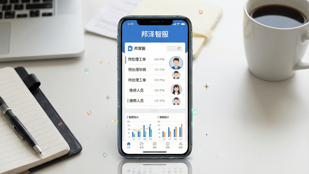一张展示邦泽智服核心全貌的图片,主体是一部智能手机放在办公桌上,手机屏幕亮着显示邦泽智服APP的主界面,界面顶部有“邦泽智服”文字标题,中间是待处理工单列表和维修人员头像,底部是数据统计图表,布局采用居中构图,排版清晰有序,风格是现代扁平化办公风,细节上手机边缘有轻微反光,桌面有笔记本和咖啡杯点缀,画质干净高清,无多余元素