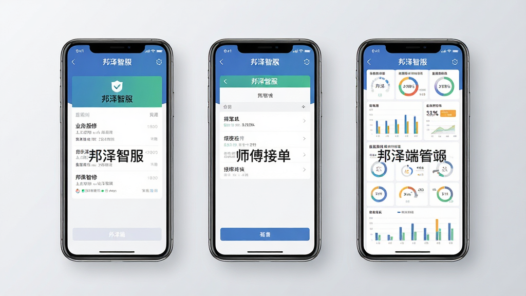 一张展示邦泽智服多角色协同功能的图片,主体是三部手机并排展示,左边手机显示“邦泽智服”业主报修界面,中间手机显示师傅接单界面,右边手机显示管理端数据看板,布局采用横向排列,排版整齐,风格是商务简约风,细节上每部手机屏幕都有“邦泽智服”水印,背景是浅灰色渐变,画质干净高清,无多余元素