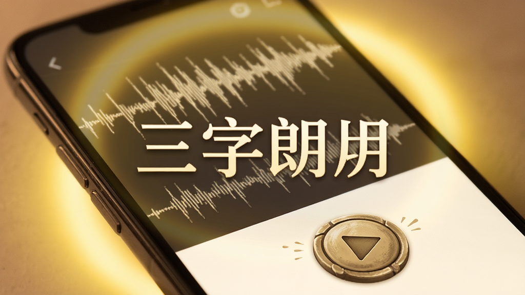 三字经国学朗读播放界面特写,画面中手机屏幕显示音频波形图,旁边有一个古典的播放按钮,背景是柔和的暖黄色光晕,画面中央悬浮着三字经朗读字样,排版居中,风格温馨静谧,细节柔和,画质干净无多余元素
