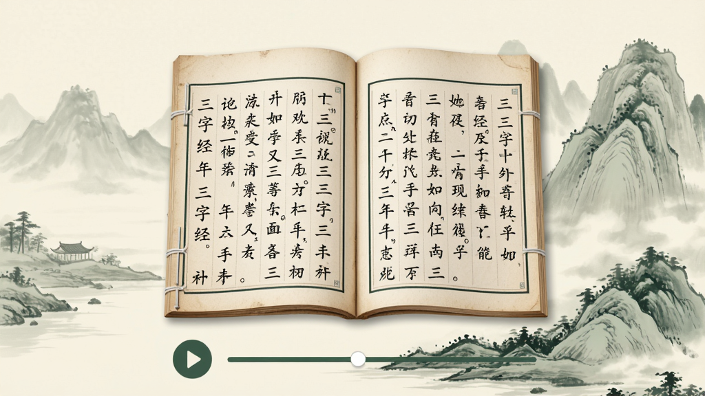 三字经国学朗读软件主界面截图,画面中央是一本展开的古典线装书,书页上显示三字经原文,下方有播放按钮和进度条,背景是淡雅的水墨山水风格,整体色调为米白与墨绿,布局简洁清晰,风格古风雅致,细节精致,画质干净无多余元素