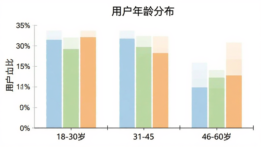 三字经国学朗读用户年龄分布柱状图,横轴为年龄段18-30岁、31-45岁、46-60岁,纵轴为用户占比,柱状颜色分别为浅蓝、浅绿、浅橙,图表标题为用户年龄分布,背景为白色,排版简洁,风格数据可视化,细节清晰,画质干净无多余元素