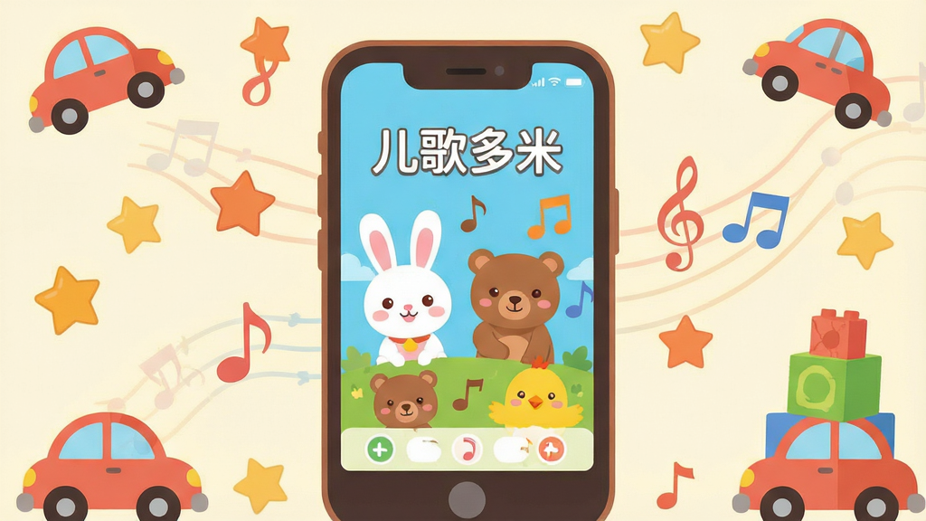 一张色彩明亮、充满童趣的插画。画面中央是一个可爱的卡通手机屏幕,屏幕里显示着“儿歌多米”APP的界面,界面上有各种卡通动物形象(小兔子、小熊、小鸡)和音乐符号。手机周围散落着音符、星星、小汽车、积木等儿童元素。整体布局以手机为主体,四周环绕着欢乐的卡通元素,排版轻松活泼。风格是扁平化卡通插画,色彩柔和明亮,以暖色调为主。画面干净,无多余元素,画质高清。