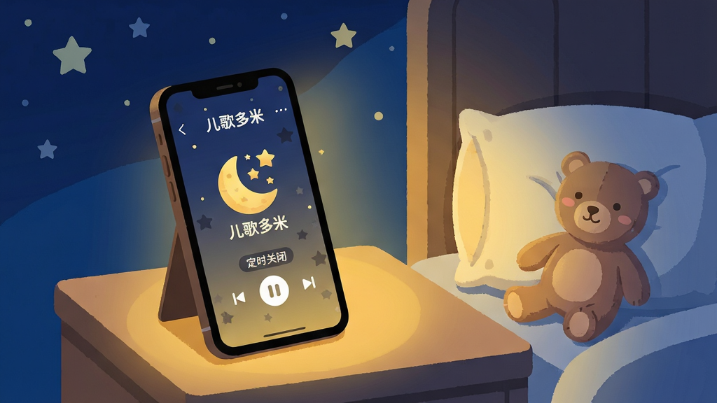 一张描绘夜晚温馨哄睡场景的插画。画面主体是一个放在床头柜上的手机,手机屏幕显示“儿歌多米”的播放界面,界面中央有一个月亮和星星的图标,旁边有一个定时器图标。手机屏幕发出柔和的暖黄色光,照亮了旁边的一个小枕头和一只毛绒小熊。布局以手机和床头柜为中心,背景是深蓝色的夜空和星星。风格为温馨的扁平插画,色彩以深蓝和暖黄为主。细节上手机界面有“定时关闭”和“护眼模式”的文字标签。画质干净,无多余元素。