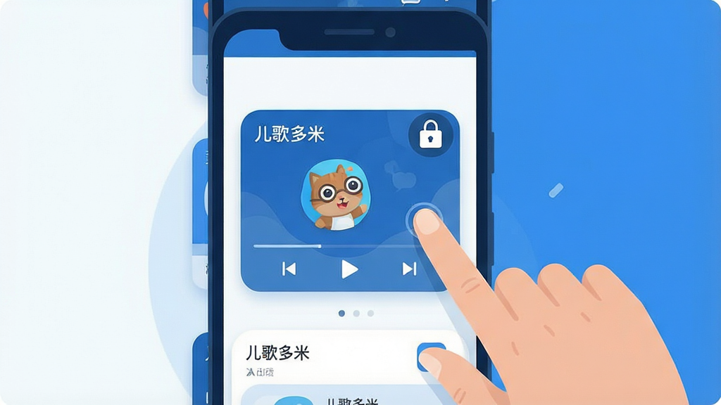 一张展示手机后台管理界面的插画。画面主体是一部安卓手机,屏幕上显示多任务卡片界面,其中一个卡片是“儿歌多米”的播放界面,卡片右上角有一个小锁图标。旁边有一只手正在点击这个锁图标。布局以手机屏幕为中心,手在右侧。风格为扁平科技插画,色彩以蓝色和白色为主。细节上卡片有圆角,锁图标清晰。画质干净高清,无多余元素。
