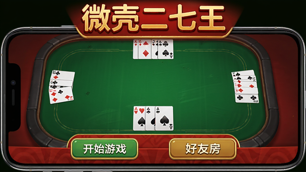 微壳二七王 游戏主界面截图,手机横屏展示,画面中央是绿色的棋牌桌布和扑克牌元素,顶部显示微壳二七王 字样,底部是开始游戏和好友房按钮,整体风格简洁明快,红金色点缀,画质清晰干净,无多余元素