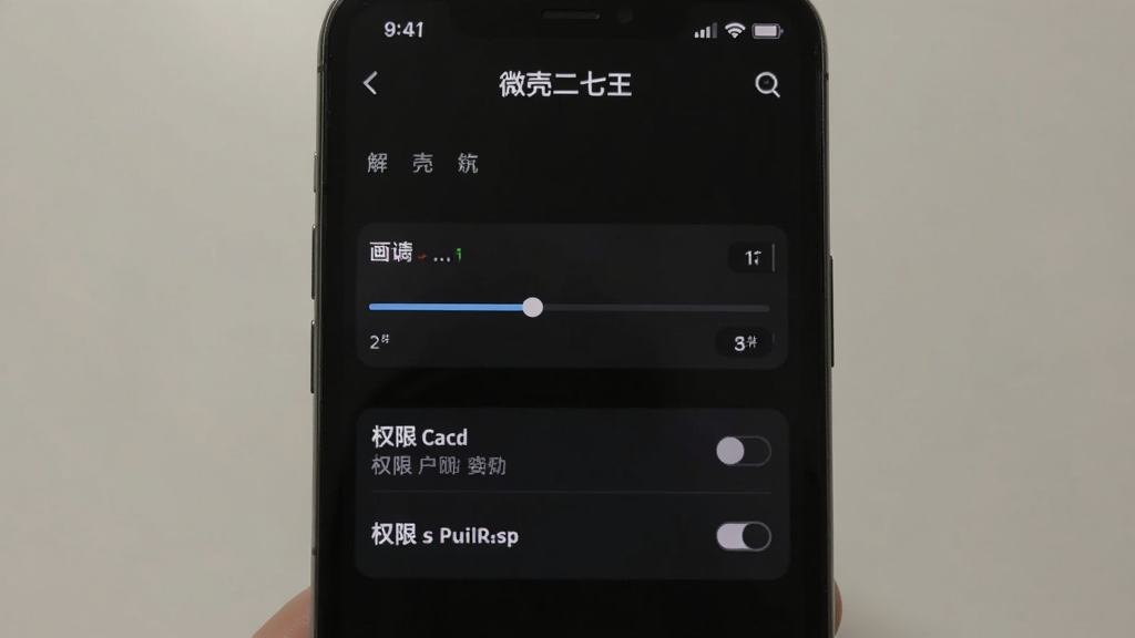 微壳二七王 手机设置界面截图,展示画质调节和权限开关选项,界面为深色主题,文字标注清晰,有微壳二七王 标题栏,风格简洁实用,画质干净