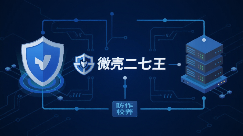 微壳二七王 防作弊系统示意图,画面展示盾牌图标和服务器校验流程,背景为蓝色科技感线条,中央有微壳二七王 标志,风格扁平化,细节清晰,画质干净无多余装饰