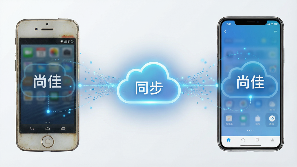 一张展示尚佳软件云端同步功能的生图提示词,主体是两部手机之间通过云朵图标进行数据连接的示意图,布局为左侧旧手机和右侧新手机屏幕都显示“尚佳”界面,中间是发光的云同步符号,排版对称,风格是简洁的科技连接风格,细节包括数据粒子流动的轨迹和微弱的蓝光,画质要求清晰、干净、背景无杂物