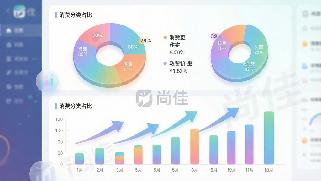 一张展示尚佳软件数据统计功能的生图提示词,主体是一个色彩鲜明的动态数据看板界面,布局为上方是圆润的饼状图显示消费分类占比,下方是带有趋势箭头的柱状图,排版错落有致,风格是轻快的数据可视化风格,细节包括图表颜色柔和渐变、数据标签清晰、带有“尚佳”的logo水印,画质要求高分辨率、干净、无多余装饰
