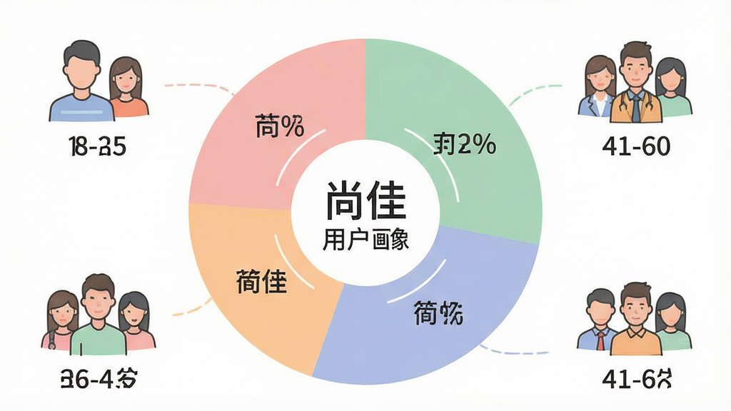 一张展示不同年龄段人群使用尚佳软件比例的饼状图生图提示词,主体是一个色彩柔和的圆形饼状图,布局为图表占据画面中心,周围环绕着18-25岁、26-40岁、41-60岁的人群简笔画图标,排版清晰,风格是扁平化信息图表风格,细节包括每个扇区标注百分比数字,中心带有“尚佳”的用户画像文字,画质要求高清、干净、无多余网格线