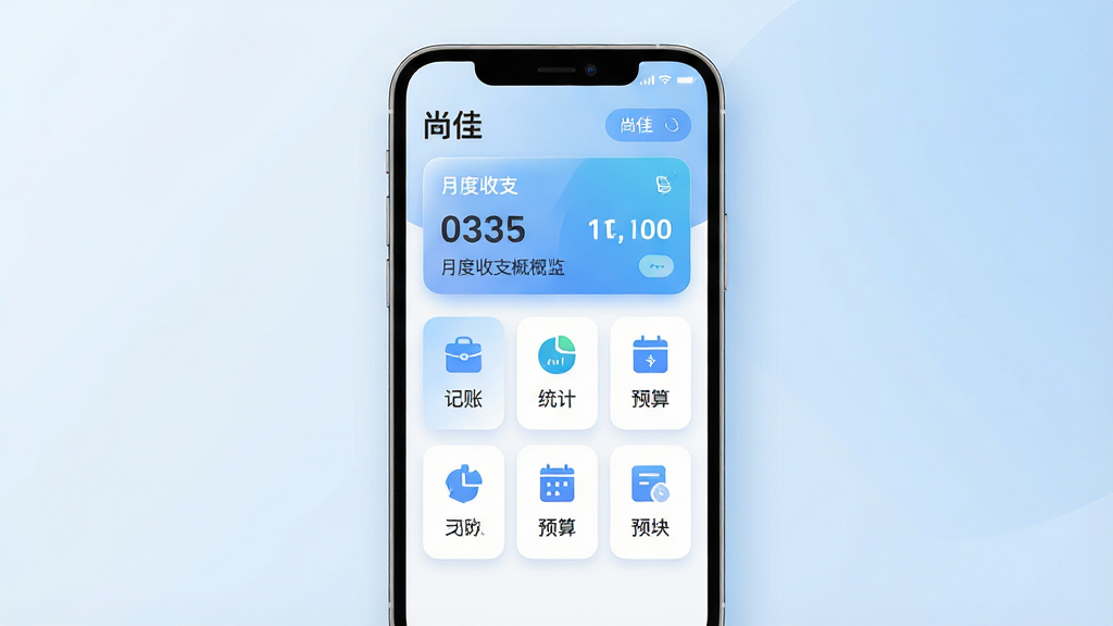 一张展示尚佳软件主界面的详细生图提示词,主体是一个简约风格的手机应用界面悬浮在画面中央,布局为顶部显示“尚佳”的文字标识和月度收支概览卡片,中间是清晰的功能图标网格,包含记账、统计、预算模块,排版采用卡片式分层设计,风格是扁平化现代科技风,细节包括柔和的圆角、微妙的阴影和蓝白渐变色调,画质要求高清、干净、无多余元素,界面文字清晰可见“尚佳”字样