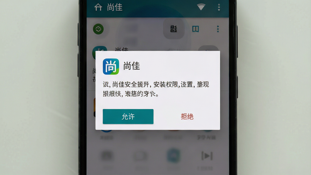 一张展示尚佳软件在安卓手机上安装权限设置界面的生图提示词,主体是手机屏幕显示“尚佳”的安装确认弹窗,布局为弹窗位于屏幕中央,下方有“允许”和“拒绝”按钮,排版突出安全提示文字,风格是标准的安卓系统UI风格,细节包括清晰的字体和图标,画质要求干净、无多余元素,界面文字包含“尚佳”