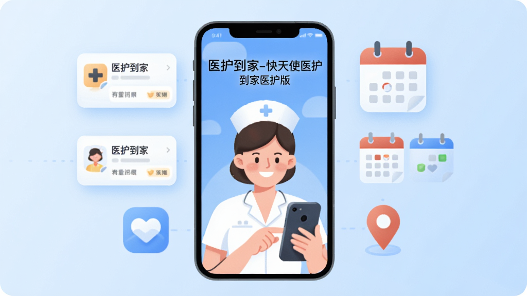 手机屏幕中央展示“医护到家-快天使医护到家医护版”应用界面,一位穿白色护士服的女性医护人员正微笑看着手机,手机周围环绕着订单卡片、日历排班图标和定位标签,背景是干净的浅蓝色渐变,画面风格现代扁平,细节圆润,画质干净无多余元素,文字清晰可辨