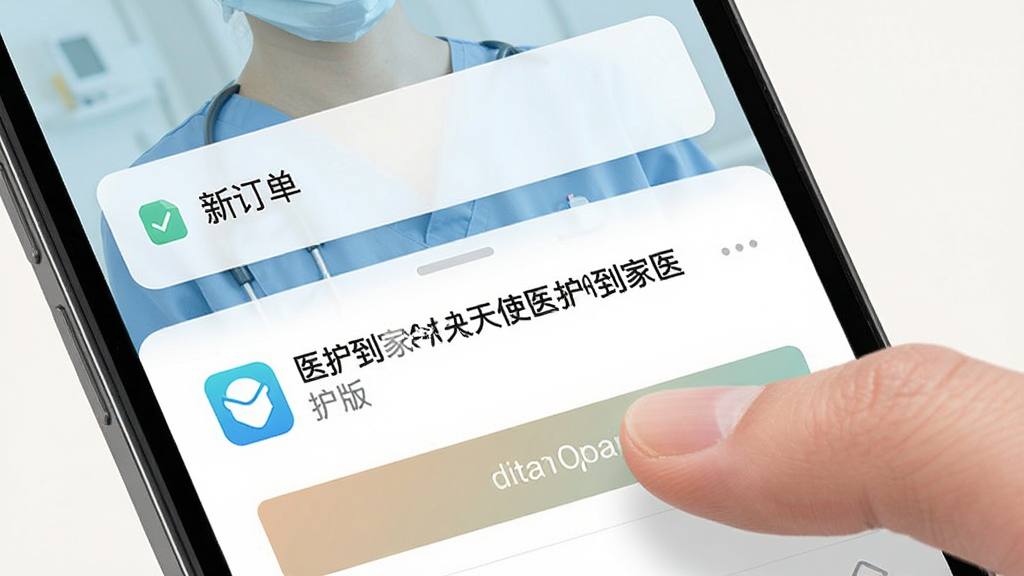 手机界面特写,屏幕上方弹出“新订单”通知卡片,下方显示“医护到家-快天使医护到家医护版”订单列表,一位医护人员正用拇指点击抢单按钮,画面风格简洁明快,浅色背景,画质干净无多余元素