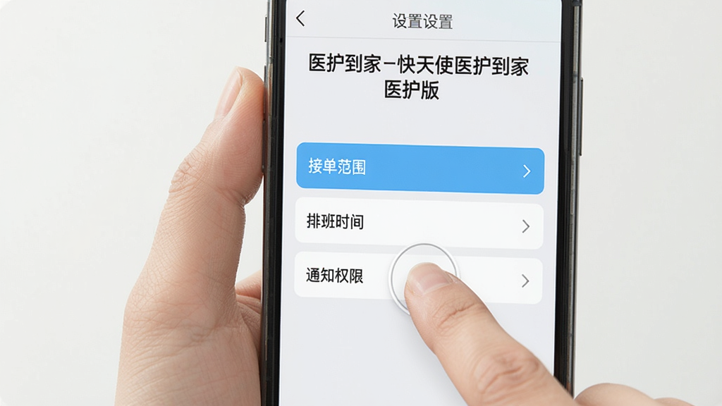 手机屏幕显示“医护到家-快天使医护到家医护版”设置页面,高亮显示“接单范围”“排班时间”“通知权限”三个选项,一位医护人员正用手指点击屏幕,画面风格清晰直观,浅色背景,画质干净无多余元素