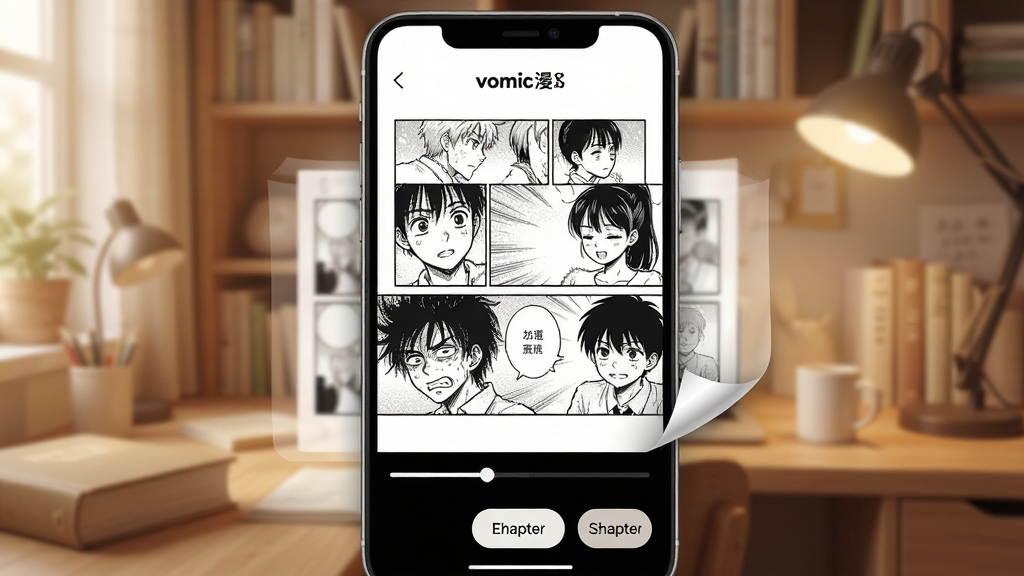 一幅展示“vomic漫”App内漫画阅读界面的图片,画面主体是手机屏幕显示清晰的漫画分镜画面,页面底部有进度条和章节切换按钮,屏幕边缘有轻微的翻页动画效果,背景是柔和的书房环境,风格温馨舒适,画质细腻干净,无多余元素