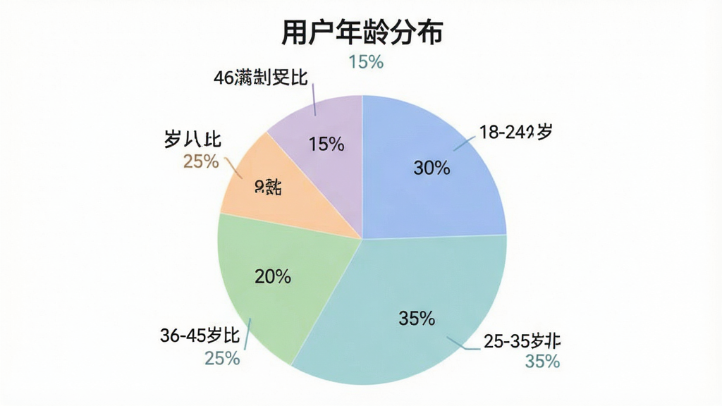 一张展示不同年龄段用户使用“vomic漫”App满意度占比的饼状图,图表标题为“用户年龄分布”,图中显示18-24岁占比30%,25-35岁占比35%,36-45岁占比20%,46岁以上占比15%,配色柔和,数据标签清晰,风格简洁专业,画质干净,无多余元素