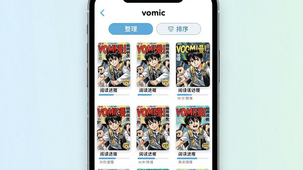 一张展示“vomic漫”App书架管理功能的图片,手机屏幕显示整齐排列的漫画收藏列表,每本漫画封面下方有阅读进度条,屏幕上方有整理和排序按钮,背景是淡雅的浅色系,风格简约实用,画质清晰干净,无多余元素
