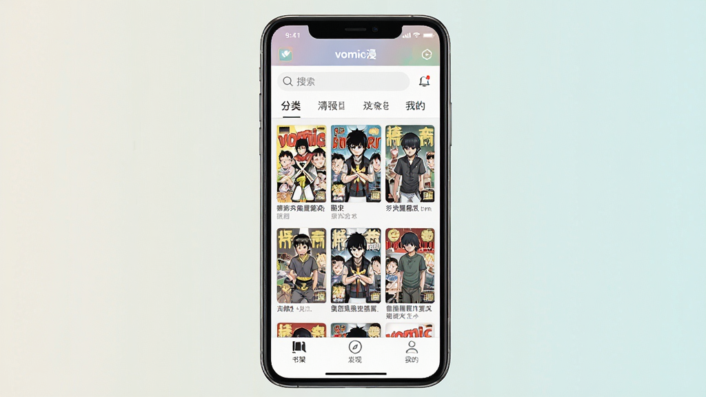 一张展示手机漫画阅读App主界面的图片,画面中央是手机屏幕,屏幕内显示“vomic漫”App的首页,顶部有搜索栏和分类标签,中间是网格排列的漫画封面,底部有书架、发现、我的三个导航按钮,整体布局简洁清晰,风格现代扁平化,色彩柔和护眼,画质干净,无多余元素