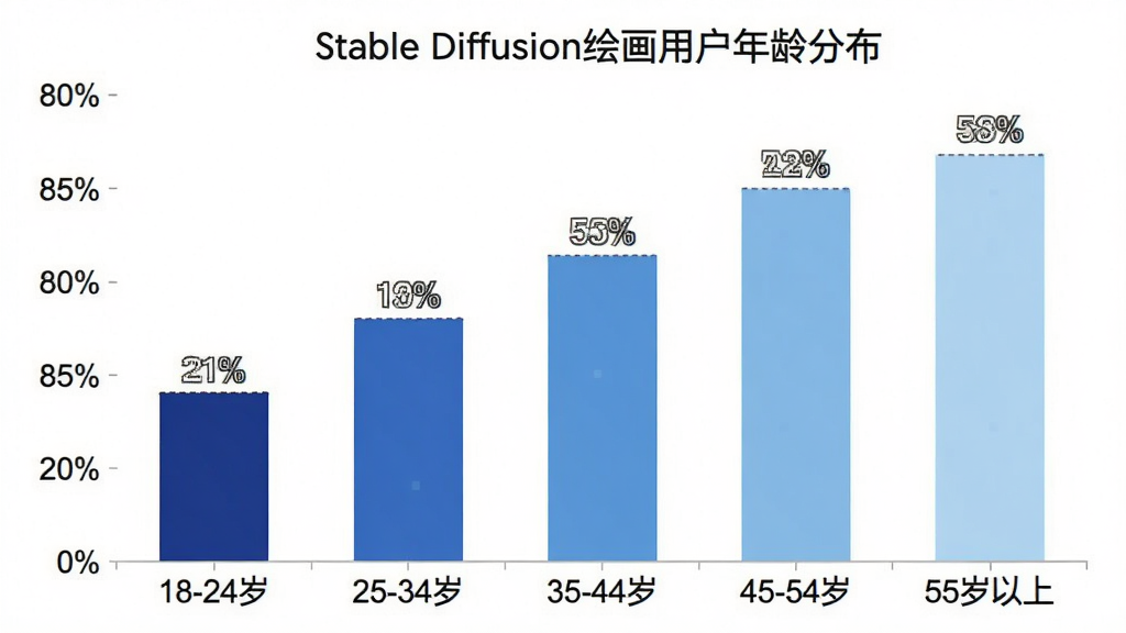 画面中央一个柱状图,横轴标注五个年龄段分别为“18-24岁”“25-34岁”“35-44岁”“45-54岁”“55岁以上”,纵轴为人数占比百分比,柱子颜色从深蓝到浅蓝渐变,柱子上方标注具体百分比数值,图表标题为“Stable Diffusion绘画用户年龄分布”,背景干净白色,排版清晰,风格数据可视化,细节精确,画质干净无多余元素